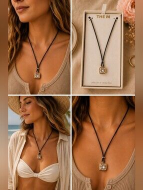 The M Gold Cushion Pendant Necklace on Black Cord